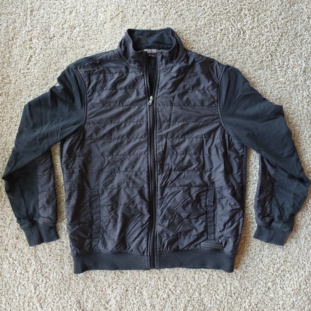 Michael Kors Jacket Mens Sz L - Black Quilted Nylon Front Knit Bomber Full Zip
